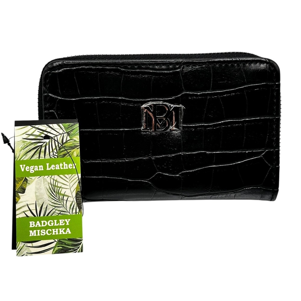 Badgley‎ Mischka Black Croco Vegan Leather Wallet Coin Purse Card Holder NEW NWT